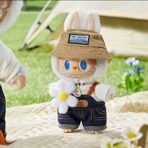 Plush Bunny Doll in White Fur with Tan Hat and Denim Overalls